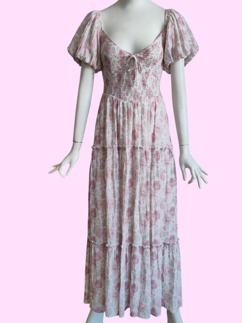 Camarosa Smocked Puff Sleeve Rose Print Tiered Maxi Dress Romantic Coquette XS S